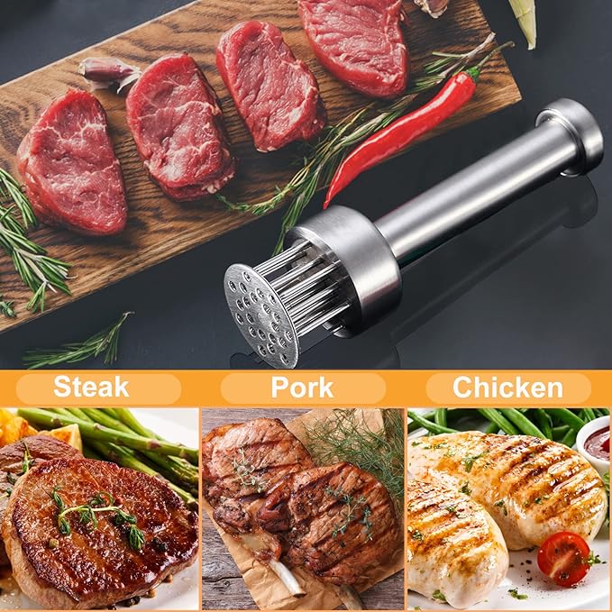 Meat Tenderizer Stainless Steel with Sharp Needles for Steak Chicken Pork Fish, Suitable Meat Tenderizer Tool with Cleaning Brush for BBQ or Kitchen