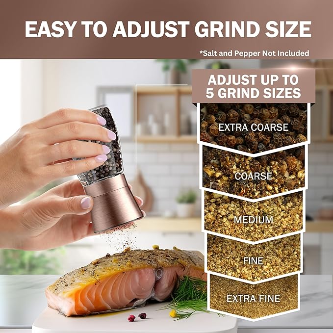 Home EC Original Copper Salt and Pepper Grinder Set of 2 - Adjustable Ceramic Grinder - Glass Salt and Pepper Shakers With Funnel and Ebook - Kitchen Spice Mill - Copper Kitchen Accessories