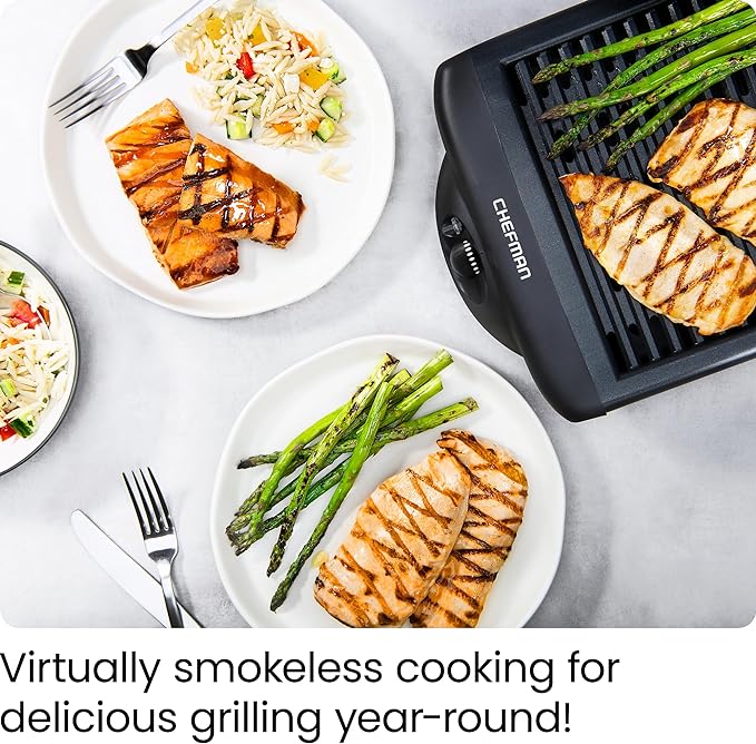 Chefman Electric Smokeless Indoor Grill w/ Non-Stick Cooking Surface & Adjustable Temperature Knob from Warm to Sear for Customized BBQing, Dishwasher Safe Removable Water Tray, Black