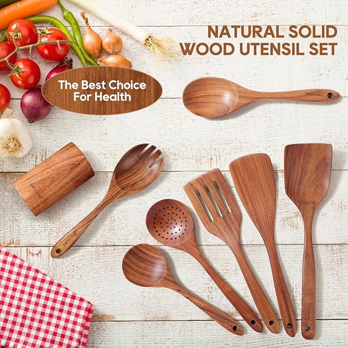 Wooden Spoons for Cooking, 8 PCS Teak Wood Cookware Utensil Set with Hooks - Smooth Finish, Non-Stick, Comfort Grip Cooking Spoons and Utensils Holder