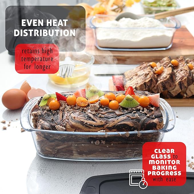 EATEX 7-Pack Glass Food Storage Containers with Lids Baking Pans Set, Glass Baking Dishes for Oven | 4 Casserole Dishes for Oven and 3 Glass Bread Pans for Bread Baking, Oven Microwave Freezer Safe