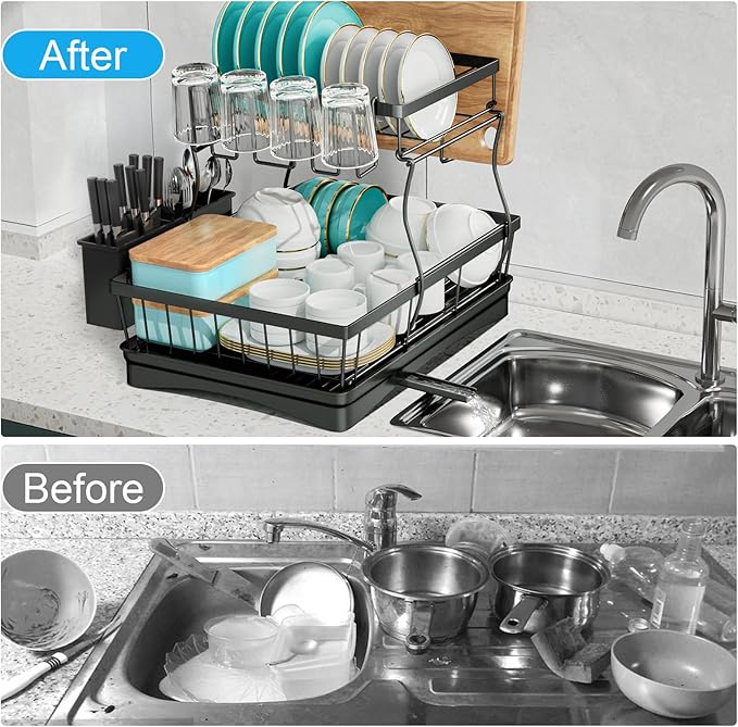 7 code Large Dish Drying Rack for Kitchen Counter, Detachable Large Capacity Dish Drainer Organizer, 2-Tier Dish Racks with Utensil Holder, Black