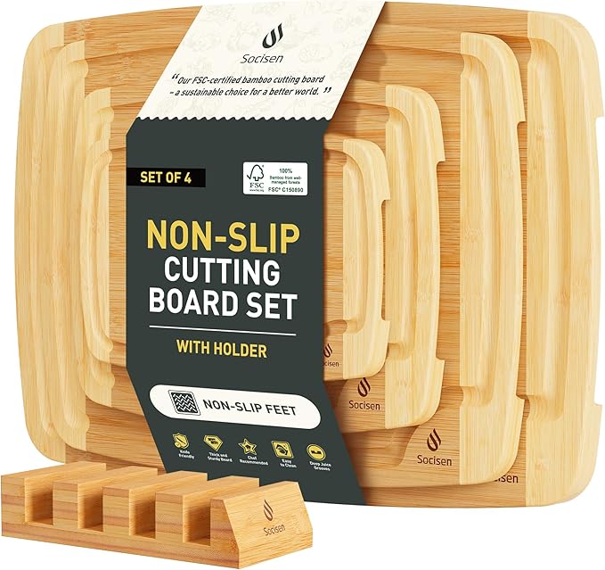 Bamboo Cutting Board Set Non Slip Feet with Holder Over Sink Men Birthday Christmas Valentines Father Day Gifts Ideal from Wife Romantic Anniversary Best Cool Gadget Awesome Who Have Everything