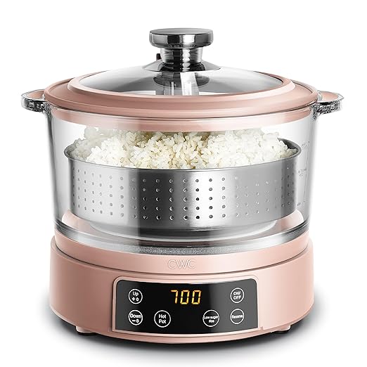 COOK WITH COLOR 3L Glass Mini Low Carb Rice Cooker – Holds 2 Cups Raw/Makes 6 Cups Cooked with Auto Lift Filter Basket, Hotpot & Steamer for Rice, Grains, Digital Panel with Keep Warm, Dusty Rose