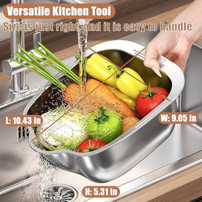 Rice Washer Strainer Bowl, Stainless Steel Washing Bowl whit Side Drainers, Versatile Square Quinoa Colander for Cleaning Rinsing Fruits, Vegetables, and Beans - Multifunctional Drain Basket