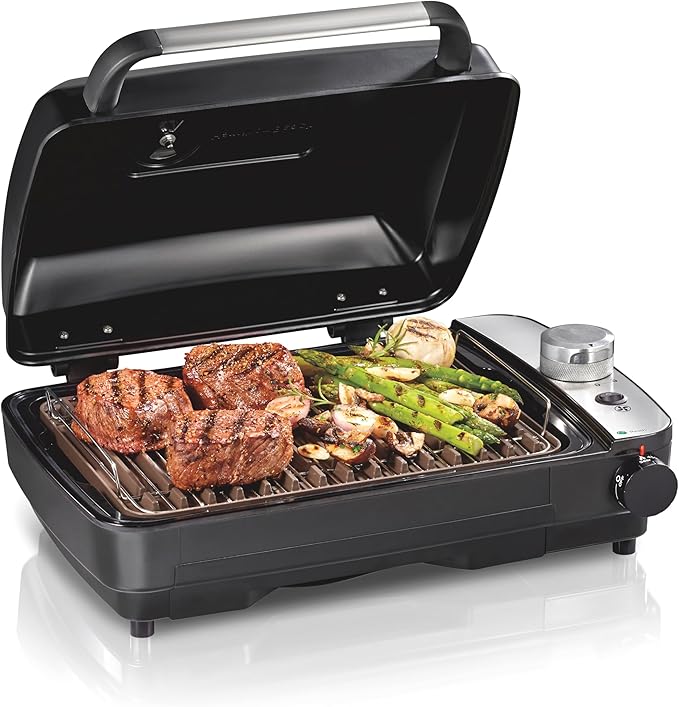Hamilton Beach Electric Indoor Grill with Hot and Cold Smoke Infuser, 150°F - 450°F Temperature Control For Searing, Vented Hood and Fan, 116 Sq. In. Non-Stick Cooking Surface, Black (25375)