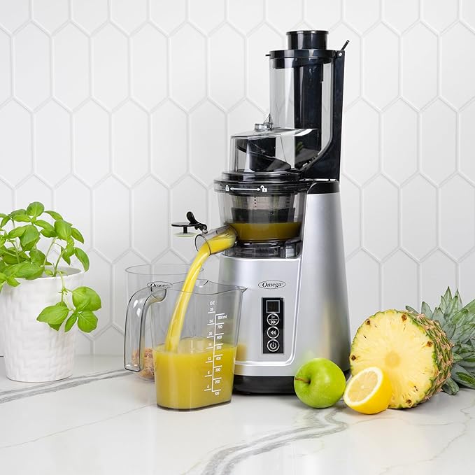Omega Wide Mouth Juicer Compact Vertical Cold Press Vegetable and Fruit Juice Extractor with 3-Inch Hopper 2-Speed Slow Juicing with Space Saving Design, 120-Watts, Black