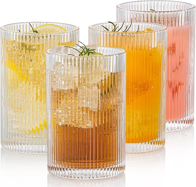 Vintage Ribbed Glassware Set: 4pcs 16.9oz XL Drinking Glasses, Fluted Ripple Drinkware, Origami Style, Elegant Glassware for Whiskey, Cocktail, Iced Coffee, Juice, Beer, Soda