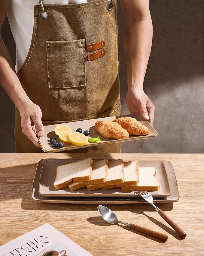 famiware Serving Platter, Rectangular 15.67/14.1/12.6 inch Serving Dishes for Entertaining, Microwave Dishwasher Safe, Stonware Serving Trays for Party, Turkey, Cheese, Ocean Series, Cinnamon Brown