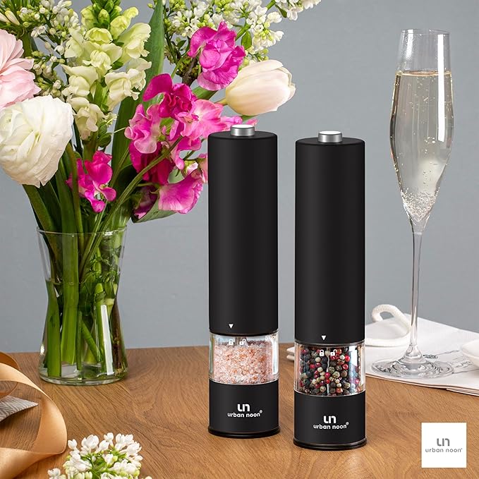Electric Salt and Pepper Grinder Set - Matte Black Battery Operated Salt & Pepper Mills with Light (Pack of 2) - Automatic One Handed Operation with Adjustable Ceramic Grinders