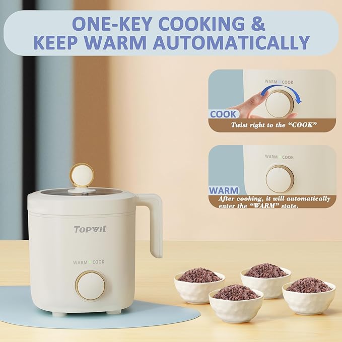 TOPWIT Rice Cooker Small, Mini Rice Cooker 2 Cups Uncooked, 1.2L Portable Rice Maker with Non-stick Coating, BPA Free, One Touch & Keep Warm Function, Beige