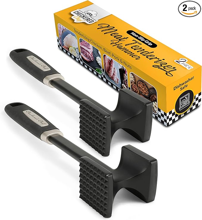 ﻿Checkered Chef Meat Tenderizer Tool, 2 Pack - Dishwasher Safe Metal Kitchen Mallet for Tenderizing Chicken, Beef, Pork & Nuts with Non-Slip Grip
