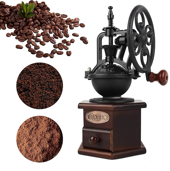 Coffee Grinder,Wooden Coffee Bean Grinder Manual Coffee Grinder Roller, Antique Coffee Mill with Cast Iron Hand Crank for Making Mesh Coffee, Decoration, Best Gift (Brown (six deformation base))