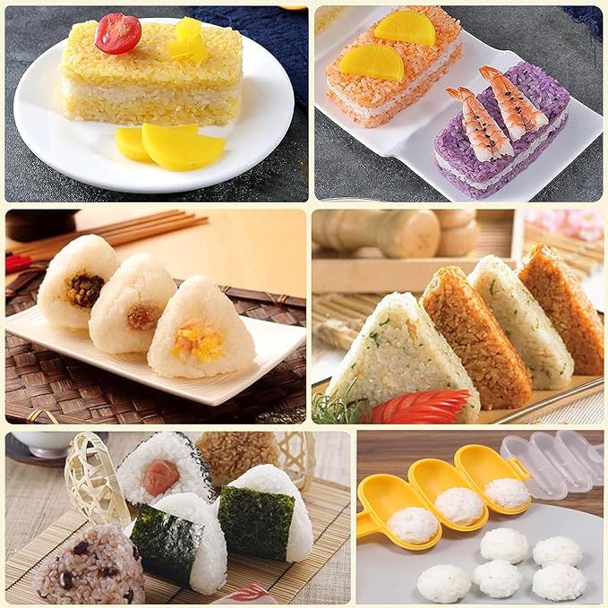 7 Pcs Onigiri Rice Ball Mold Maker Kit, Musubi Press, Classic Triangle Shake Sushi Roller Mat Tool for Kids Bento Lunch and Home DIY, Non-stick, BPA-Free