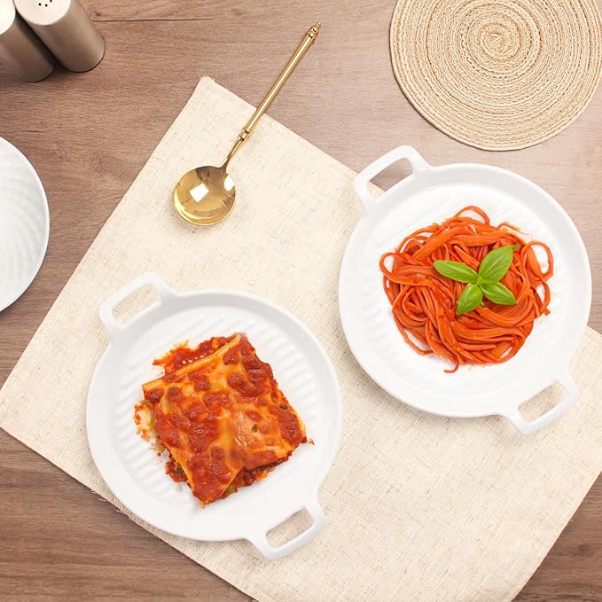 Round 7.4 Inch Au Gratin Baking Dishes, Set of 2, Porcelain Baking pan Oven Safe, Roasting Lasagna Pans, for Casserole Dish, Pie Plate, Baking, Small Plates, Au Gratin Baking Dishes
