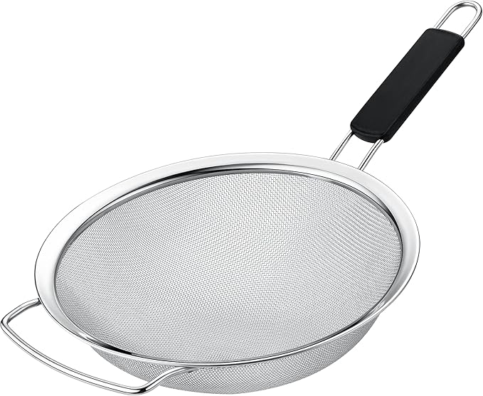 9" Large Fine Mesh Strainer with Thermo Plastic Rubber Handle - Sieve Fine Mesh Stainless Steel - Ideal Kitchen Essential to Strain Pasta, Quinoa and Rice