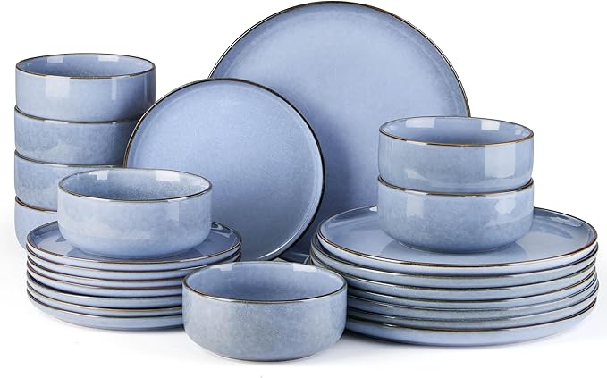 E-far 24-Piece Reactive Glaze Dinnerware Sets, Ceramic Dishes Set for 8, Stoneware Plates and Bowls Dinning Ware, Microwave & Dishwasher Safe - Ocean Blue