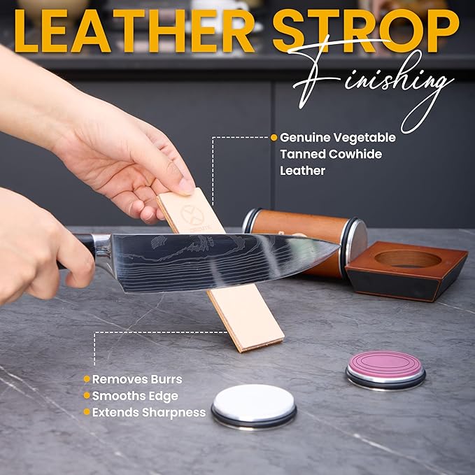 Rolling Knife Sharpener Kit – Magnetic 4-Angle Base, 3.86 Inches Longer Wooden Roller, 4 Grit Discs (1000/400 Diamond & 3000 Maroon / 6000 White Ceramic) and Leather Strop