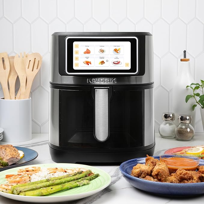 Kalorik Air Fryer VIVID TOUCH Series 7 Quart Capacity with High-Resolution Touchscreen 200 Cooking Presets in 12 Food Categories with View Window, 1500-Watts, Stainless Steel