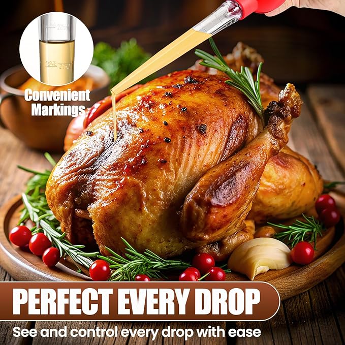 OLESBUR Premium Turkey Basters for Cooking – Baster Syringe for Hot Liquids – Meat and Food Injector – Essential Thanksgiving Cooking Tool – Turkey Baster Large with Cleaning Brush (Red)