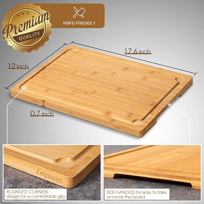 Extra Large Cutting Board, 17.6" Bamboo Cutting Boards for Kitchen with Juice Groove and Handles Kitchen Chopping Board for Meat Cheese board Heavy Duty Serving Tray, XL, Empune