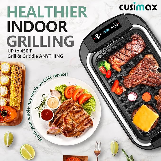 Indoor Grill, CUSIMAX Smokeless Grill Indoor, 1500W Electric Grill Griddle Korean BBQ with LED Smart Display & Tempered Glass Lid, Non-stick Removable Grill Plate & Griddle Plate, Black