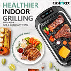 CUSIMAX Indoor Grill, Electric Smokeless Grill, 1500W Korean BBQ Grill, Electric Griddle with LED Smart Display & Tempered Glass Lid, Non-stick Removable Plate & Griddle Plate, Black