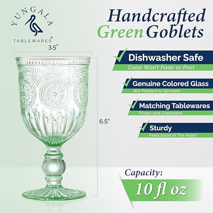 Yungala Green Wine Glasses Set of 6 Vintage Hobnail Goblets 10 oz Dishwasher Safe