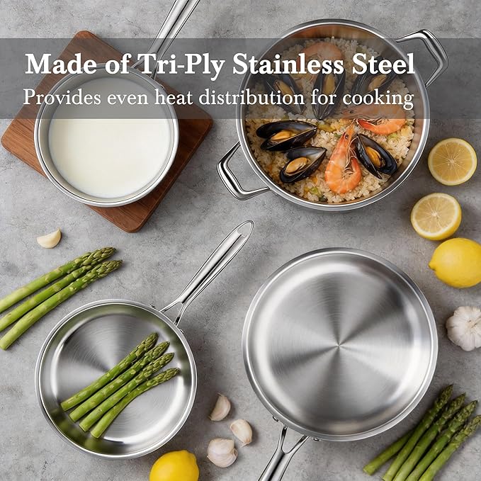 Stainless Steel Cookware Set - VONIKI Tri-ply Stainless Pots And Pans Set with Steamer Basket, Non Toxic Induction Cookware, Kitchen Cookware Sets PFOA & PTFE Free, Dishwasher and Oven Safe