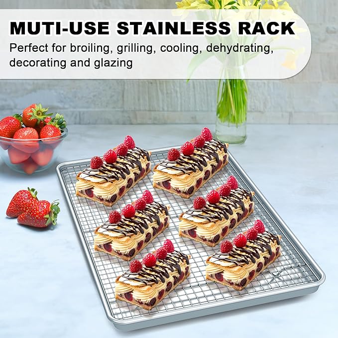 24 Inch Baking Sheet Pans with Rack Set, Natural Aluminum Cookie Sheet, Extra Large Commercial Quality Baking Sheet Pan Set, Warp Resistant Nonstick Thick Cookie Tray Pans for Baking, Roasting