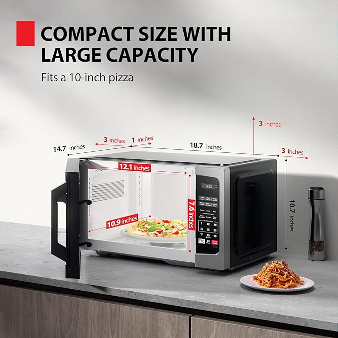 TOSHIBA ML-EM09PA(SS) Small Microwave Oven with 6 Auto Menus, Mute Function & Child Lock, LED Lighting, Perfect for Apartments & Dorms, 0.9 Cu Ft, 10.6 Inch Removable Turntable, 900W, Stainless Steel