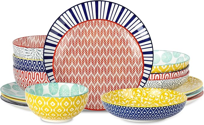 Selamica Ceramic Dinnerware Sets, 16 Pieces Dishes Set for 4, Scratch Resistant Plates and Bowls Sets, Dishwasher & Microwave Safe, Assorted Colors