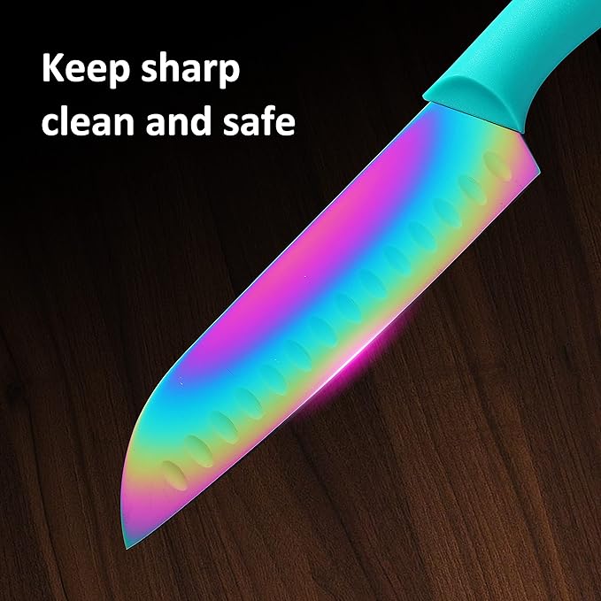 Marco Almond Kitchen Knife Set, KYA37 12-Piece Rainbow Titanium Stainless Steel Boxed Knives Set for Kitchen with Covers, 6 Knives with 6 Blade Guards