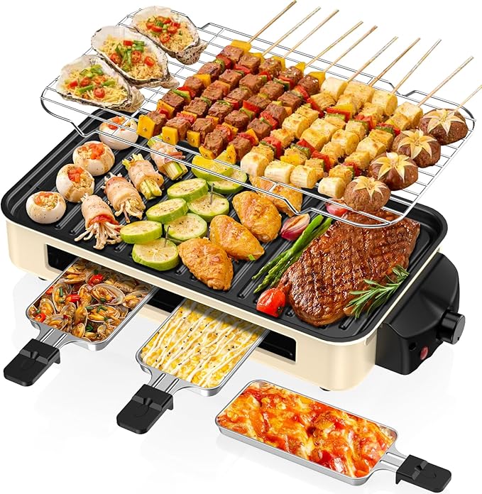 Electric Indoor Grill 1500W -2 in 1 Smokeless Indoor Grill for Kitchen with Non-stick Removable Grill & Griddle Plate,Temperature Control Korean BBQ Grill with 3 Cheese Pans Dishwasher Safe