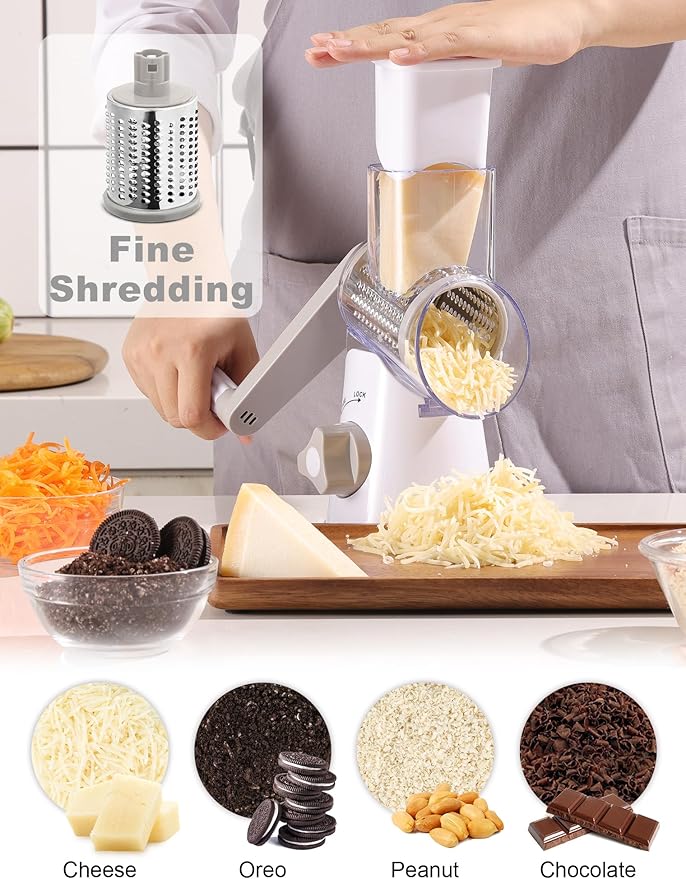 Cheese Grater Rotary, Rotary Grater for Kitchen, Kitchen Grater Vegetable Slicer with 3 Drum Blades, Fast Cutting Cheese Shredder for Vegetables and Nuts