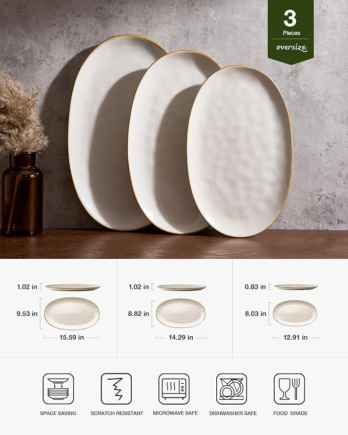 famiware Serving Platter, Oval 15.59/14.3/12.9inch Serving Dishes for Entertaining, Serving Bowls, Dishwasher Safe, Stoneware Serving Trays for Party, Food, Turkey, Cheese, Reactive Glaze, Matte White