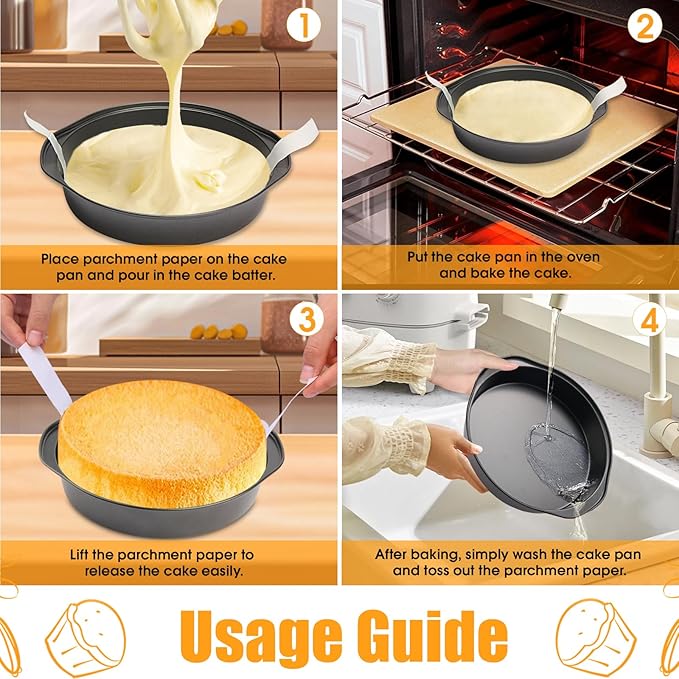 8" Round Cake Pan, 3PCS Nonstick Cake Pans with 100 PCS Parchment Paper, Carbon Steel Cake Baking Pans with Handle, Dishwasher Safe