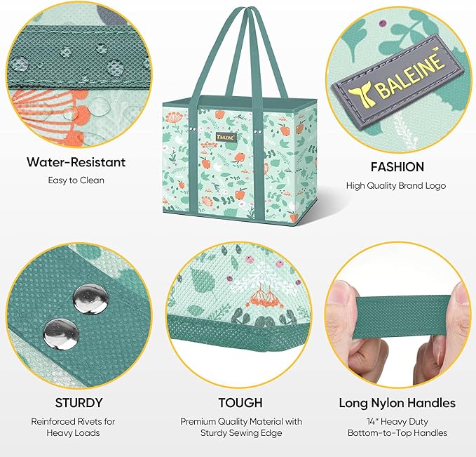 BALEINE 3Pk Reusable Grocery Bags, Foldable Shopping Bags for Groceries with Reinforced Bottom & Handles (Spring Stroll)