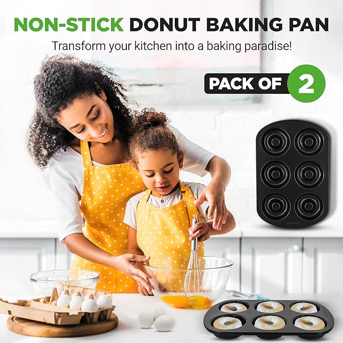 NutriChef Nonstick Donut Pans for Baking | 6 Durable & Easy to Clean Doughnut Molds | Fits Full-Sized Doughnuts | Oven Safe Up To 450F | Bake Perfect Donuts & Bagels | 12.5 x 8.5 Donut Trays | 2 Pack