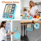 Digital Dual Kitchen Timer, 3 Channels Countdown Triple Timer for Cooking, Magnetic Memory-Preset Large-Display Adjustable Alarm Volume, Multi Times Management, 3A Battery Included, Blue