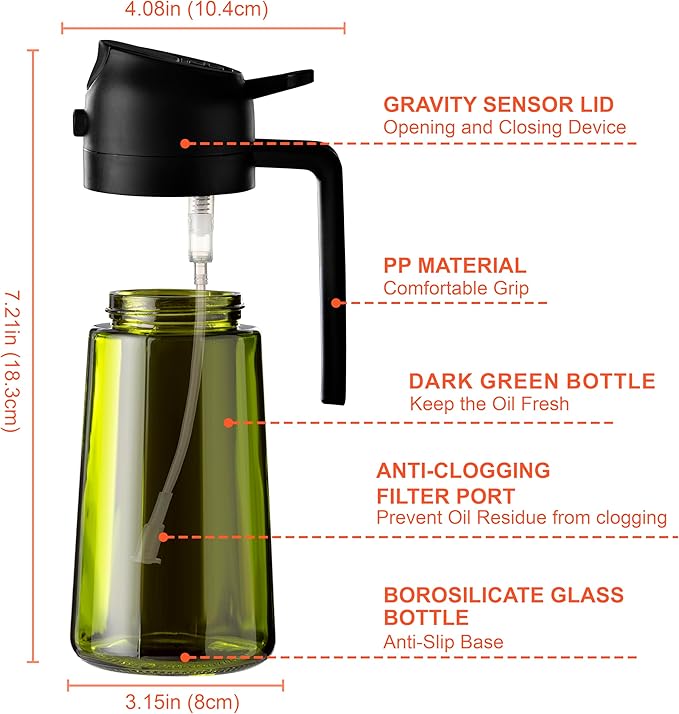 CXINYI - 16oz/470ml Olive Oil Dispenser for Kitchen with Stickers - 2 in 1 Olive Oil Sprayer for Cooking, Air Fryer, and Salad, 2 Black (Light-Proof Kitchen Gadget)