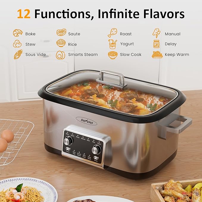 Sunvivi 8 Quart Slow Cooker Roaster Oven, 12 in 1 programmable Multi-Cooker Food Warmer with Digital Timer, Temp Control, Removable Cast Aluminum Pot & Dishwasher-Safe Tempered Glass Lid, Stainless