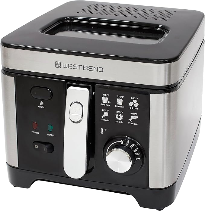 West Bend Deep Fryer with Adjustable Temperature Control Nonstick Basket Easy-View Window and Temperature Guide, Folding Handle and Locking Cover for Easy Storage, 3-Liter, Silver