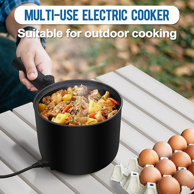 Topwit Hot Pot Electric, 1.5L Ramen Cooker, Portable Non-Stick Frying Pan, Electric Pot for Pasta, Steak, BPA Free, Electric Cooker with Dual Power Control, Over-Heating & Boil Dry Protection, Black