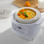 TAYAMA 1 Qt. White Mini Ceramic Stew Cooker with Pre-Settings and Built-In Timer, Small