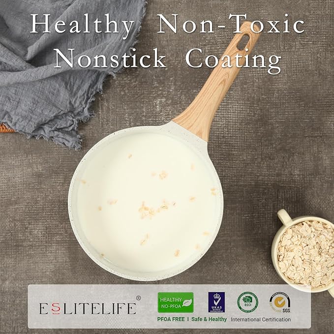 ESLITE LIFE Nonstick Sauce Pan with Lid, 1.5 QT Small Soup Pot Compatible with All Stovetops (Gas, Electric & Induction), PFOA Free, White