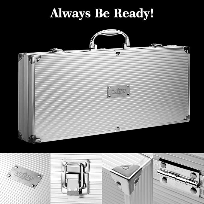 GRILLART BBQ Grill Utensil Tools Set Reinforced BBQ Tongs 19-Piece Stainless-Steel Barbecue Grilling Accessories w/Aluminum Storage Case -Complete Outdoor Grill Kit for Dad, Birthday Gift for Man Dad