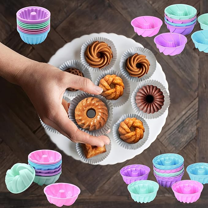 Tongjude 48 Pieces Donut Mold, 2.75" Diameter 0.98" Deep Mini Reusable Baking Cups, Non-Stick, 4 Shape Silicone Molds, Heat Resistant Bakeware for Bagel, Muffin, Jello and Cake Baking
