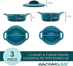 Rachael Ray Solid Glaze Ceramics Casserole Bakeware/Baker Set with Shared Lid, 3 Piece, Teal