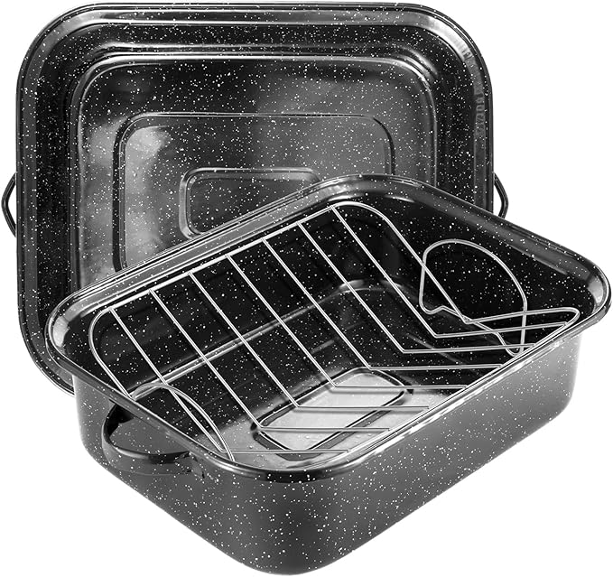 JY COOKMENT Roasting Pan With Lid and Rack, 21' Rectangular, 25lb Turkey Roaster Pot, Large Oven Roaster Tray, V-Rack and Versatile Lid Bone Turkey Baster